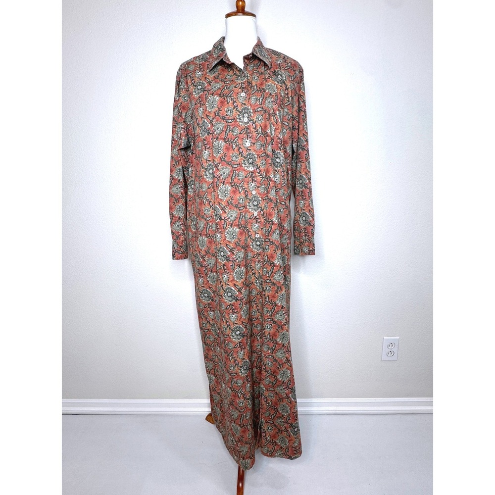 NATURAL LIFE Drew Maxi Shirt Dress L/XL 100% Cotton Rusty Floral Cowgirl Chic
